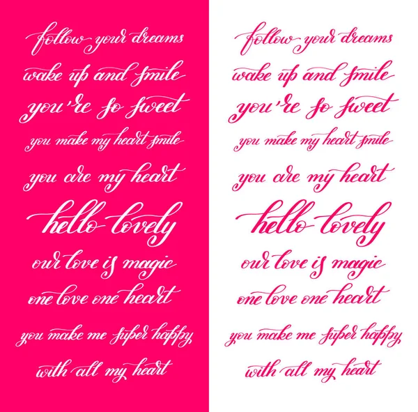 Valentines Day handwritten love lettering set to greeting card, — Stock Vector
