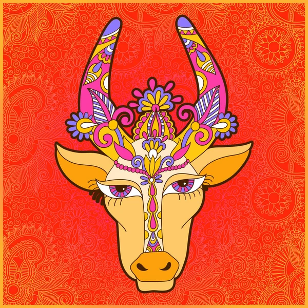 Línea de dibujo decorativo de la cabeza de vaca india, floral estilizado — Vector de stock