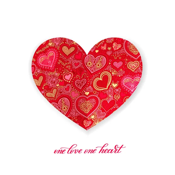 Één liefde een hart kalligrafie design met rode papier hart vorm — Stockvector
