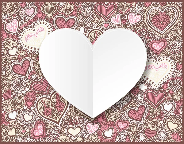 San Valentino carta rossa mano disegno su sfondo a forma di cuore — Vettoriale Stock