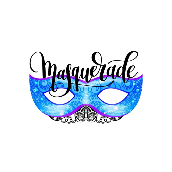 Maskerade belettering logo ontwerp met masker en hand geschreven woord — Stockvector