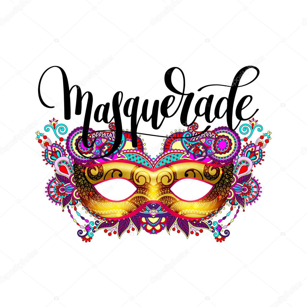 Masquerade lettering logo design with mask and hand written word, vector typographical illustration