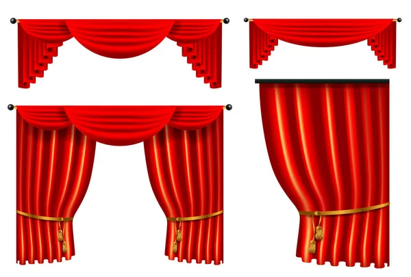 Set di 3d tenda di seta di lusso rosso, decorazione d'interni realistica — Vettoriale Stock