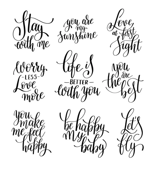 Set of black and white hand written lettering phrase about love — Stock Vector