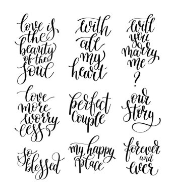 set of black and white hand written lettering phrase about love clipart