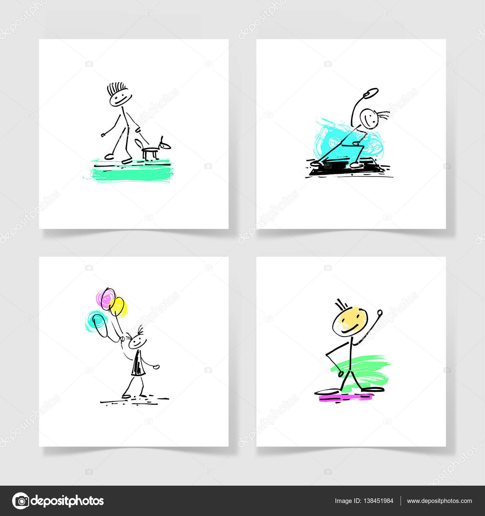 Set di disegno a mano quattro marcatori sketch doodle umano figura stilizzata e dipingere colorato posto su un foglio bianco di pezzi di carta bianca con