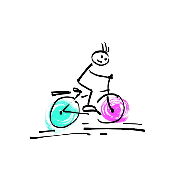 Ескіз каракулі людини палиця фігура чоловік їде на велосипеді — стоковий вектор