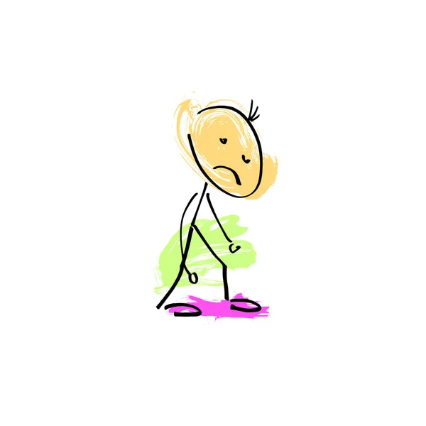 Mano dibujo dibujo garabato humano palo figura triste chico — Vector de stock