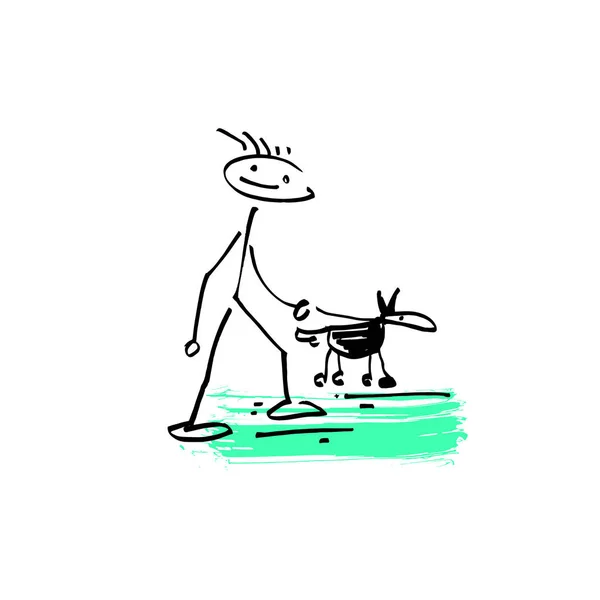 Bosquejo garabato humano figura hombre caminando con un perro — Vector de stock