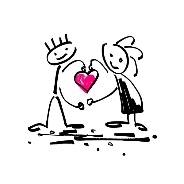 Skiss doodle mänskliga streckfigur par i kärlek med hjärta — Stock vektor
