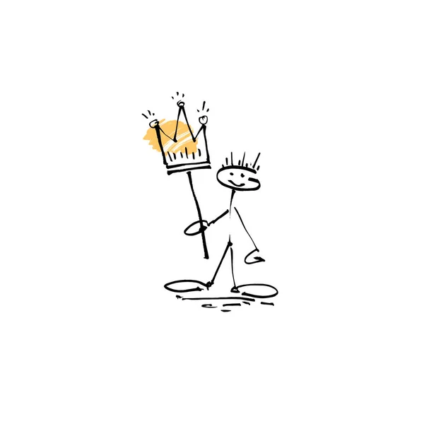 Dibujo a mano dibujo humano sonrisa palo figura con corona — Vector de stock