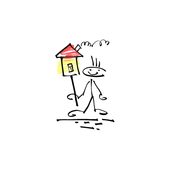 Dessin à la main croquis humain sourire bâton figure avec signe de la maison — Image vectorielle