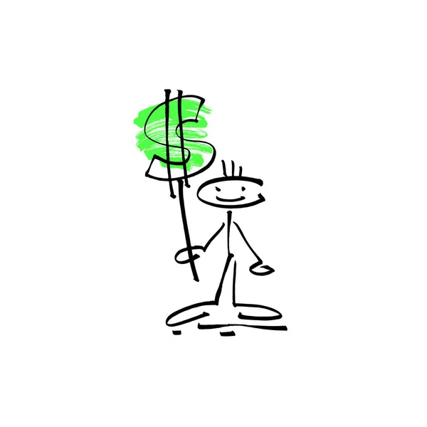 Dibujo a mano dibujo sonrisa humana palo figura con signo de dólar — Vector de stock