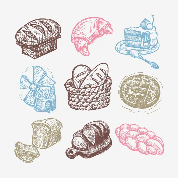 Set de iconos de panadería de dibujo digital — Vector de stock