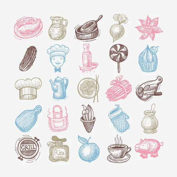 25 bosquejo doodle iconos conjunto de alimentos — Vector de stock