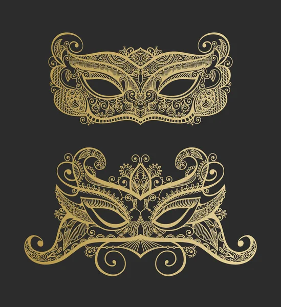 Conjunto de dos oro lineart veneciano carnaval máscara de encaje silueta — Vector de stock