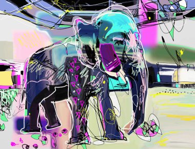 abstract memphis digital painting of indian elephant clipart