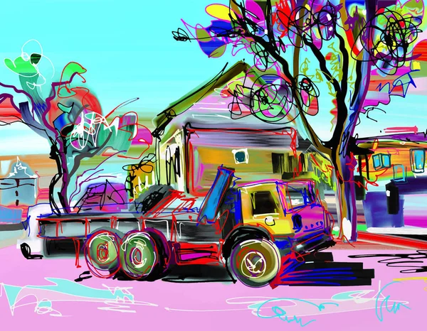 Peinture numérique de paysage rural avec voiture — Image vectorielle