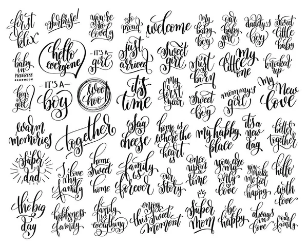 Set of 50 hand written lettering about family and baby born — Stock Vector