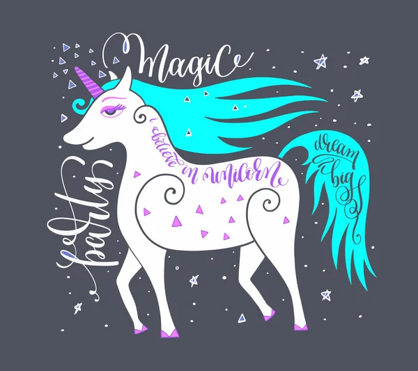 Póster de fiesta mágica con unicornio y letra de mano — Archivo Imágenes Vectoriales