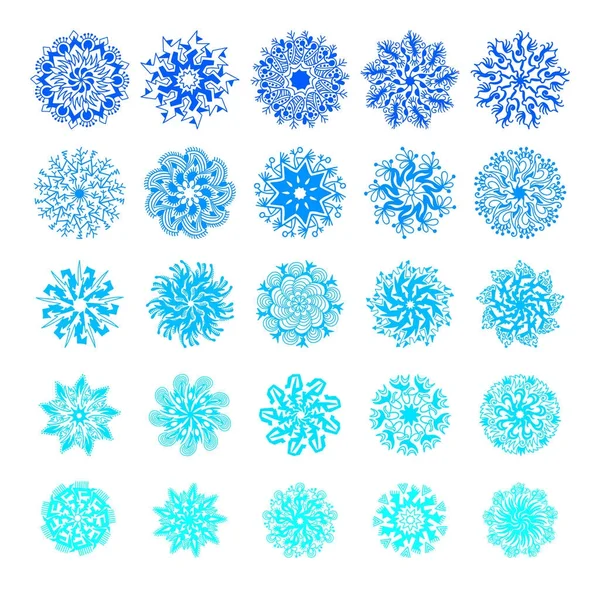 Набор из 25 синих ярких ручных рисунков снежинок — стоковый вектор