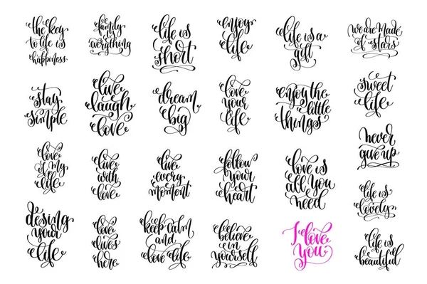 Set of 25 hand lettering love and life quotes — Stock Vector