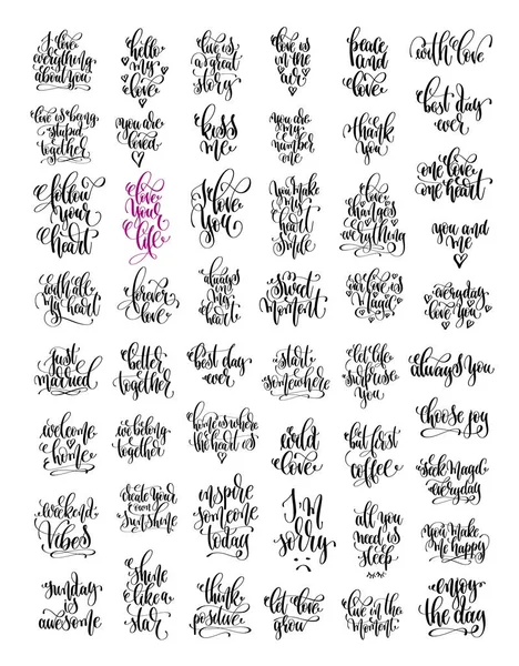 Set of 50 hand lettering inscription, love letters positive quot — Stock Vector