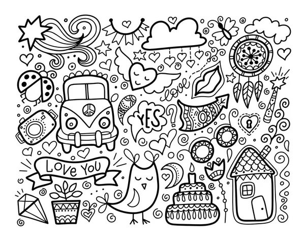 Σκίτσο doodle αγάπη σύνολο, μαύρα και άσπρα στοιχεία — Διανυσματικό Αρχείο