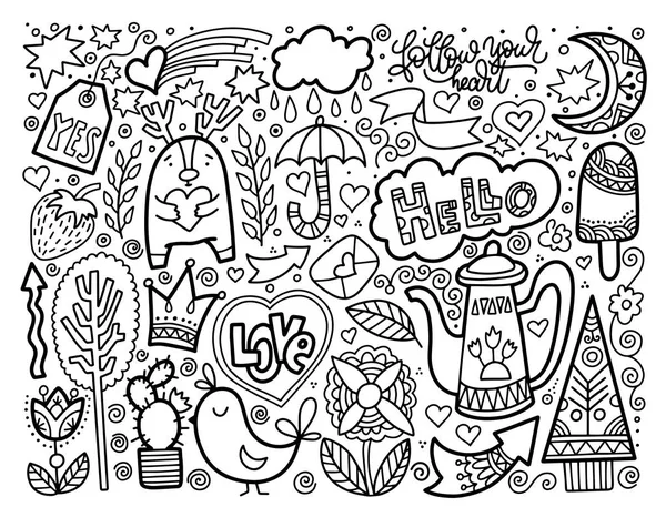 Conjunto de desenho do doodle desenho elementos agradáveis, vecto preto e branco — Vetor de Stock