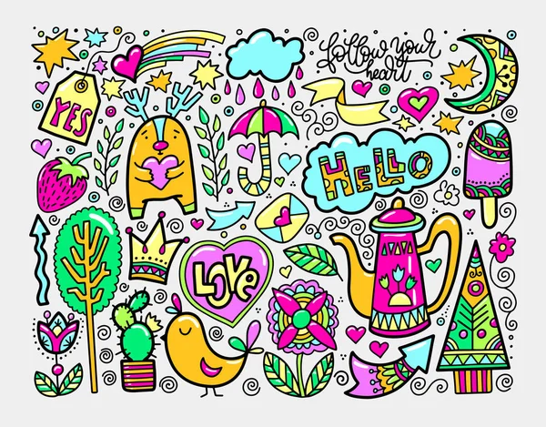 Conjunto de desenho doodle desenho elementos agradáveis em cores brilhantes — Vetor de Stock