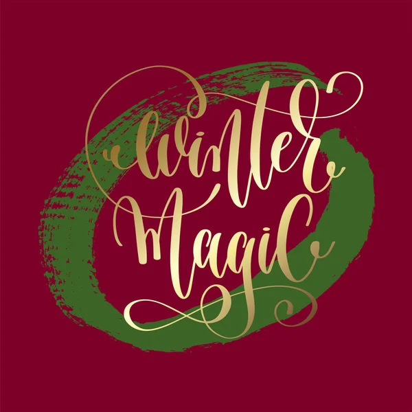 Winter magic - guld hand lettering på grönt och lila — Stock vektor