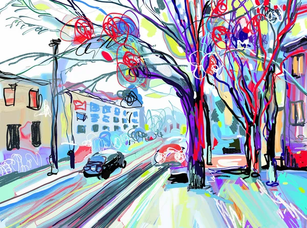 Digitální kresba současného umění malba zimní silniční landsca — Stockový vektor