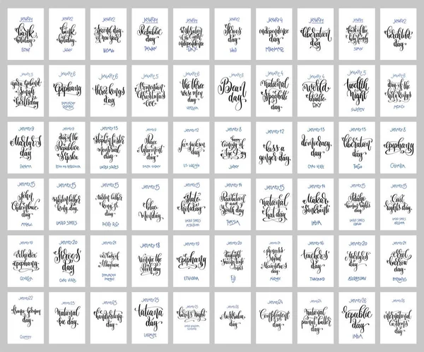 Gran conjunto de 60 carteles de letras de mano sobre el invierno mundial enero — Archivo Imágenes Vectoriales