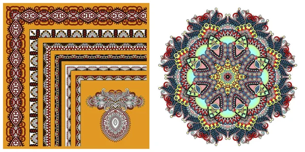 Conjunto de esquina floral y patrón de círculo a desi marco decorativo — Vector de stock