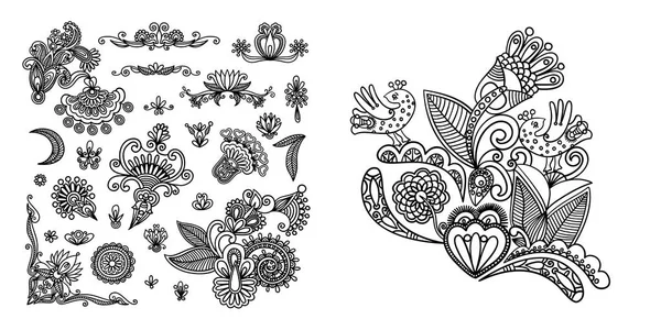 Conjunto de elementos de diseño floral de línea negra en estilo henna — Vector de stock