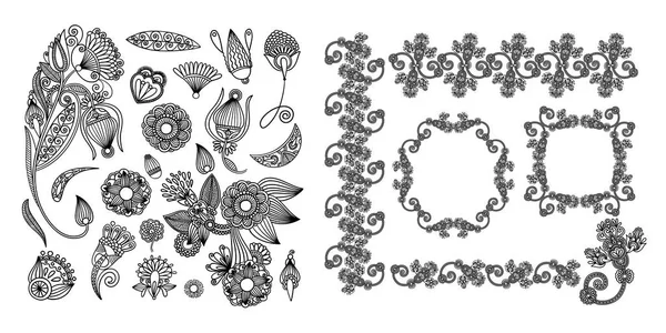 Conjunto de elementos de diseño floral de línea negra en estilo henna — Archivo Imágenes Vectoriales