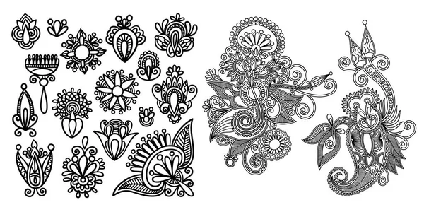 Set of black line floral design elements in henna style — Stock Vector