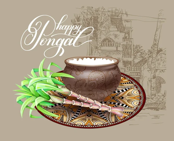 Glad Pongal gratulationskort till sydindiska Skördefest desi — Stock vektor