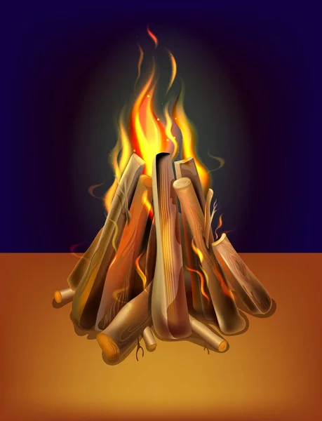 Realistische brandend vreugdevuur met hout — Stockvector