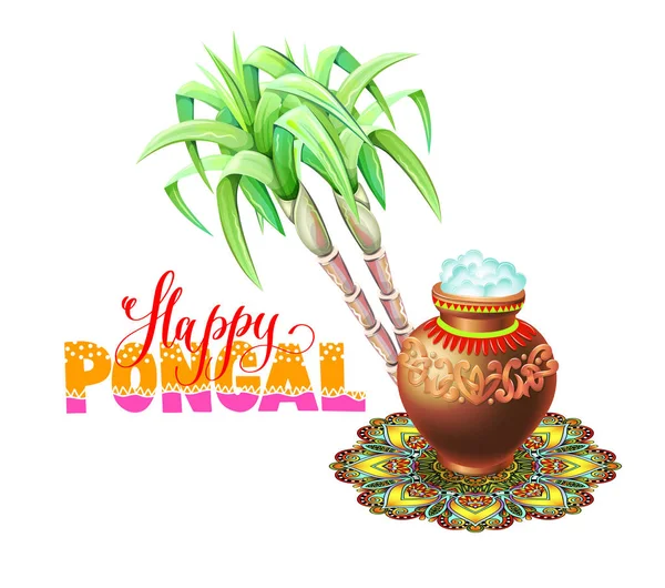 Tarjeta de felicitación feliz Pongal al diseño de vacaciones de invierno del sur de la India — Vector de stock