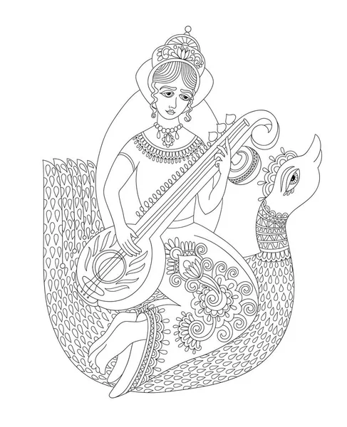 Black and white drawing of indian hindu goddess Saraswati — Stock Vector
