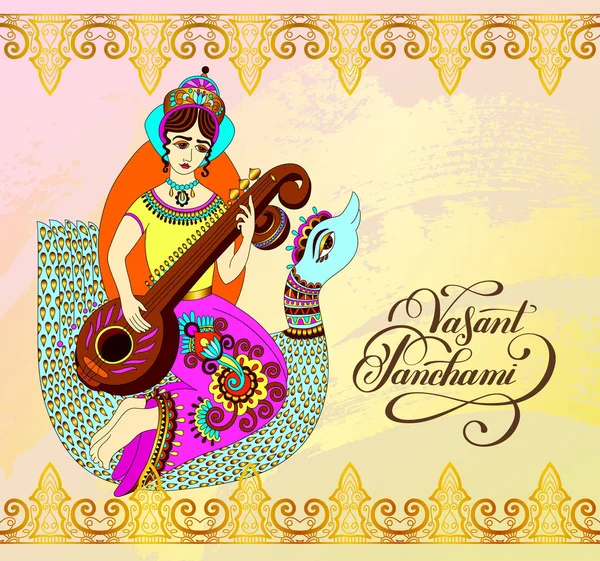 Vasant Panchami - tarjeta de felicitación de oro a la fiesta india — Vector de stock