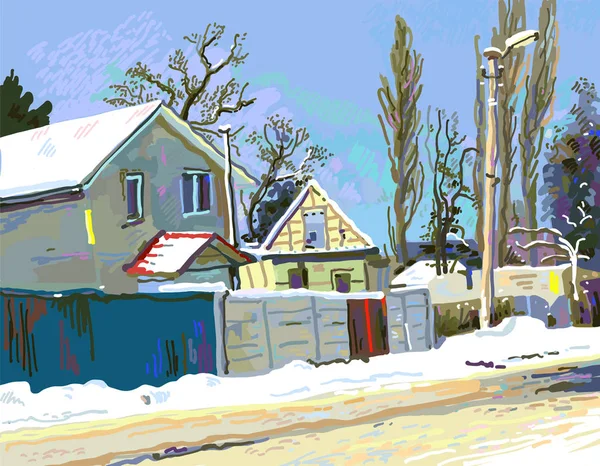 Pintura digital de inverno paisagem rural ucraniana —  Vetores de Stock