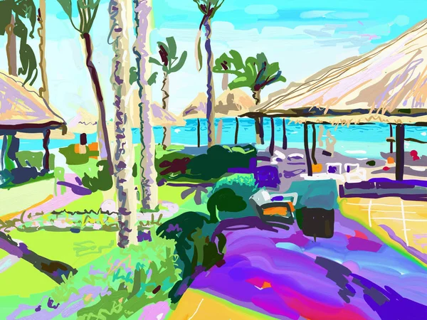 夏のデジタル絵画とエジプトのビーチ風景パーム tr — ストックベクタ