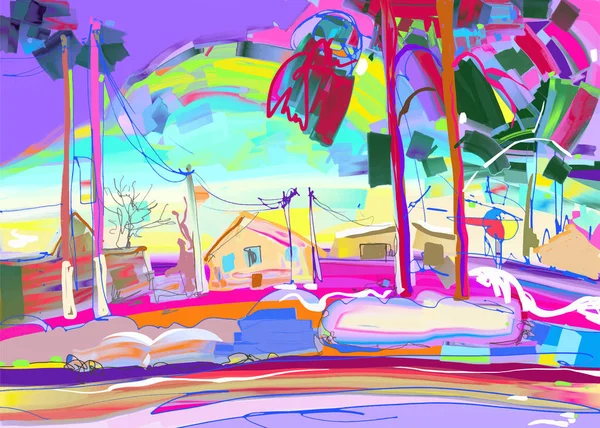 Peinture numérique originale colorée de paysage rural d'hiver — Image vectorielle