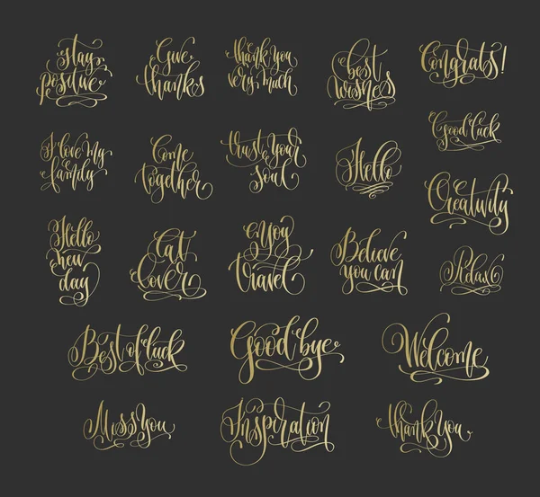 Set of 22 golden hand lettering positive quotes on dark backgrou — Stock Vector