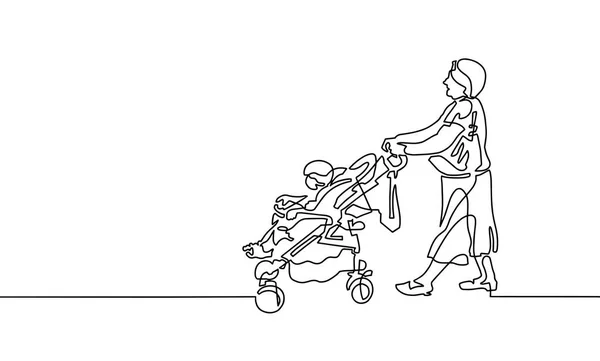 Kontinuerlig en linje ritning av mormor går med en bab — Stock vektor