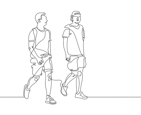 Folyamatos egy vonalas rajz, két fiatal férfi gyaloglás — Stock Vector