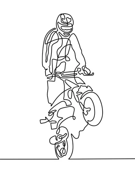 Folyamatos egy vonalas rajz, egy sportoló, egy motorkerékpár — Stock Vector