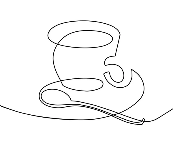 Continuous one line drawing - a cup of coffee with a teaspoon — Stock Vector